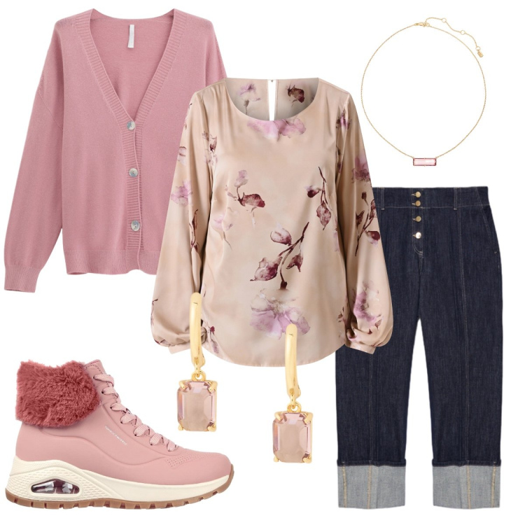 Outfit donna - La blusa romantica. Stile Bon Ton per Tutti i giorni. Abbinamento con bluse, cardigans, collane, orecchini, jeans, stivaletti.