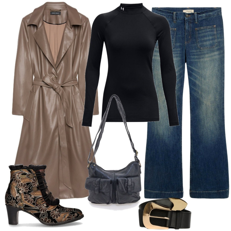 Outfit donna - Trench & Jeans. Stile Chic per Tutti i giorni. Abbinamento con jeans a zampa, pullovers, stivaletti, cinture, trench, borse a tracolla.