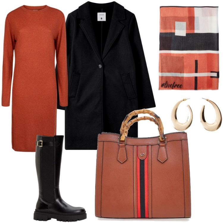 Outfit donna - Outfit doppelgänger. Stile Casual chic per Ufficio. Abbinamento con orecchini, stivali, cappotti, vestiti midi/longuette, borse a tracolla, sciarpe.