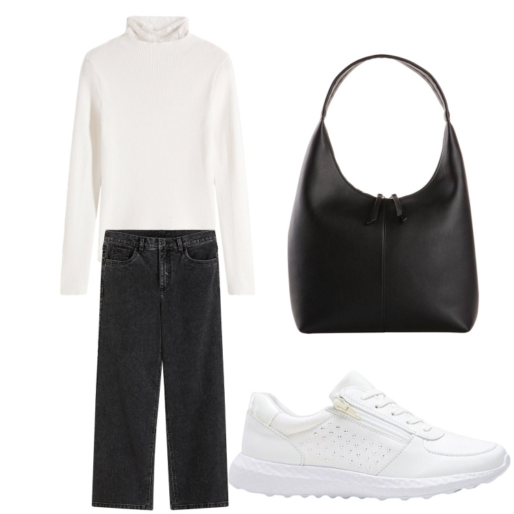 Outfit donna - Aperitivo. Stile Trendy per Tutti i giorni. Abbinamento con sneakers, maglieria, shopping bag, jeans.