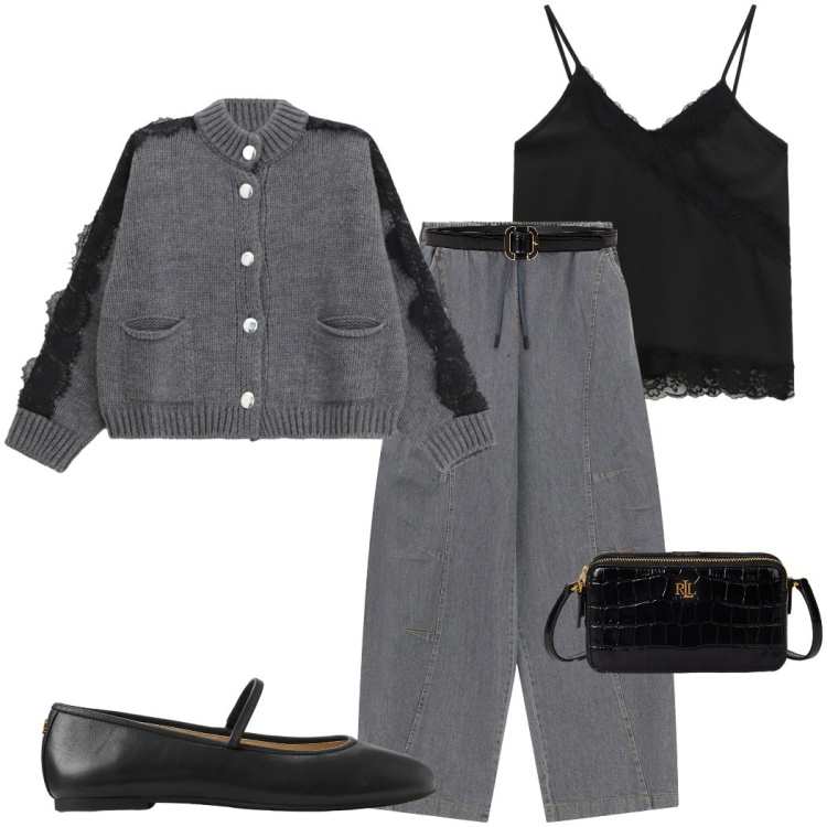 Outfit donna - Atmosfere romantiche. Stile Romantica per Serata fuori. Abbinamento con pantaloni a palazzo, cardigans, top, ballerine, cinture, portafogli.
