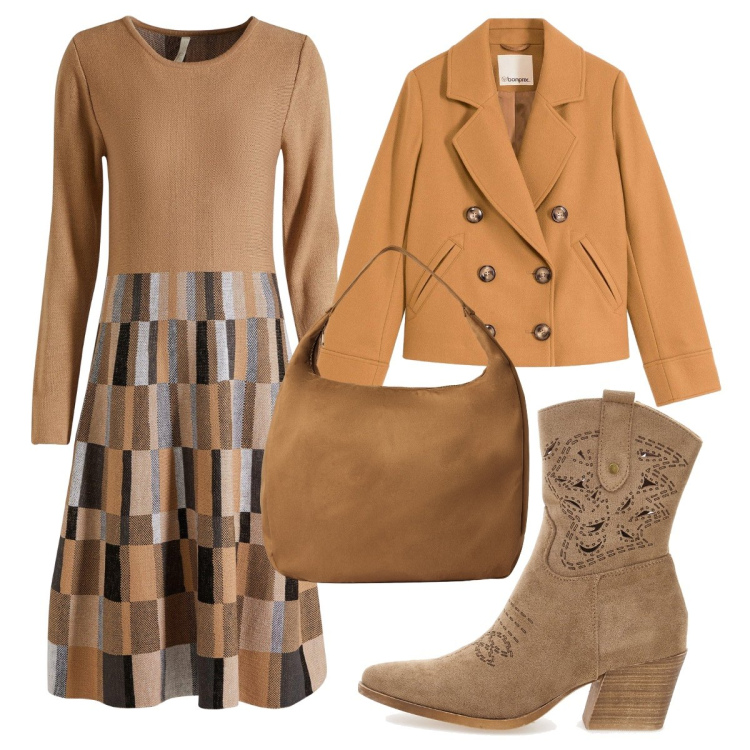 Outfit donna - Etnico a colori. Stile Etnico per Tutti i giorni. Abbinamento con vestiti, caban, borse a mano, stivaletti texani.