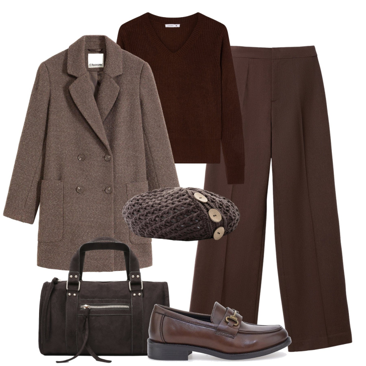 Outfit donna - Marrone cioccolato e mélange. Stile Trendy per Tutti i giorni. Abbinamento con berretti, cappotti, borse a mano, maglieria, pantaloni, mocassini.