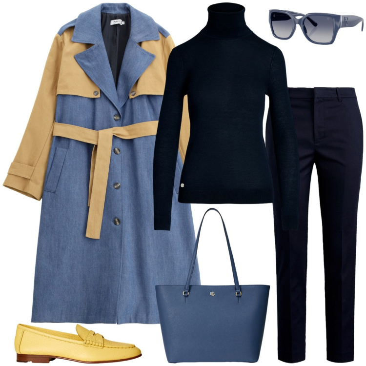 Outfit donna - Trench in blu. Stile Mannish per Tutti i giorni. Abbinamento con trench, occhiali da sole, borse tote, pantaloni, maglieria, mocassini.
