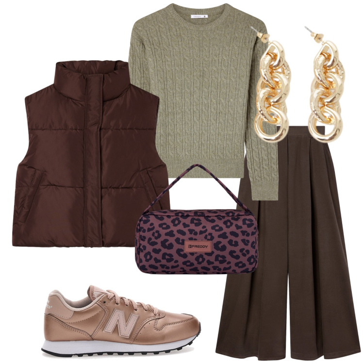 Outfit donna - Total look #2261818. Stile Minimal per Tutti i giorni. Abbinamento con maglieria, piumini, pantaloni, borse a spalla, orecchini, sneakers.