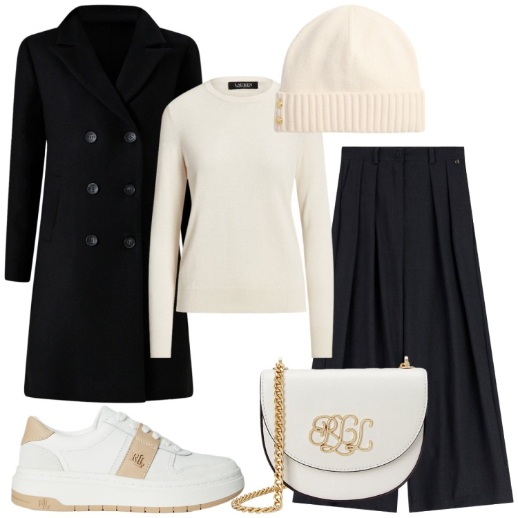 Outfit donna - Semplice semplice. Stile Basic per Tutti i giorni. Abbinamento con cappotti, pantaloni a palazzo, maglieria, borse a tracolla, sneakers, berretti.