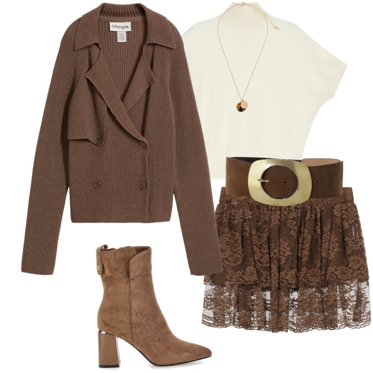 Outfit donna - Atmosfere romantiche. Stile Romantica per Serata fuori. Abbinamento con cardigans, minigonne, cinture, maglieria, collane, stivaletti.