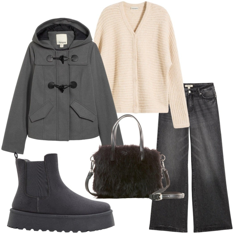 Outfit donna - Neutral by nature. Stile Casual chic per Tutti i giorni. Abbinamento con cardigans, jeans, montgomery, stivaletti chelsea, borse a mano.