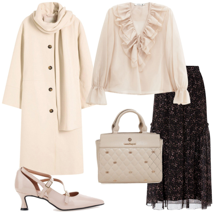 Outfit donna - Atmosfere romantiche. Stile Romantica per Serata fuori. Abbinamento con cappotti, gonne lunghe, camicie, décolleté, borse a mano.