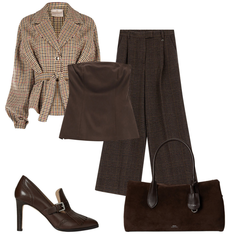 Outfit donna - In città. Stile Minimal per Tutti i giorni. Abbinamento con caban, top, pantaloni a palazzo, décolleté, borse a mano.