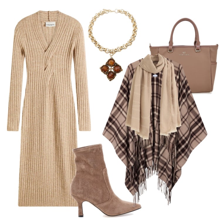 Outfit donna - L’abito glam in lana. Stile Glamour per Ufficio. Abbinamento con vestiti, sciarpe, cappotti, collane, stivaletti chelsea, borse a tracolla.