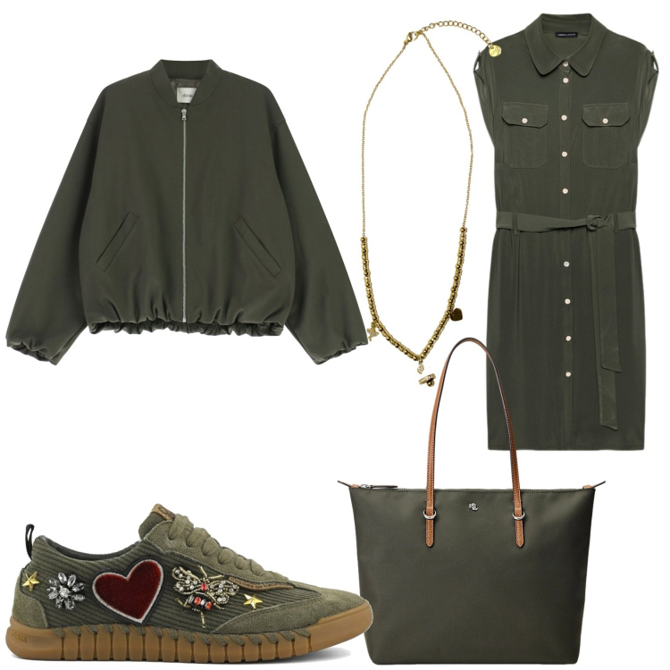 Outfit donna - Il colore dell\'autunno: verde militare. Stile Basic per Tutti i giorni. Abbinamento con ciondoli, bomber, borse tote, sneakers, vestiti chemisier.
