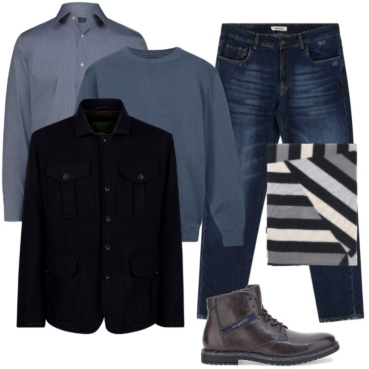Outfit uomo - Sfumature di Blu. Stile Trendy per Tutti i giorni. Abbinamento con jeans dritti, sciarpe, stivali e stivaletti, giacche, maglieria, camicie.