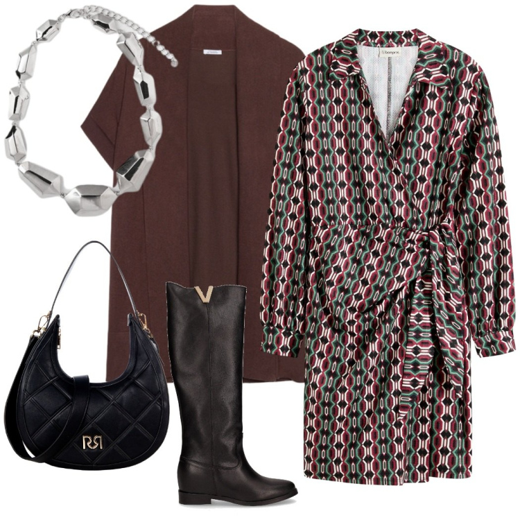 Outfit donna - Ufficio. Stile Casual chic per Ufficio. Abbinamento con vestiti, borse a tracolla, cardigans, stivali, ciondoli.
