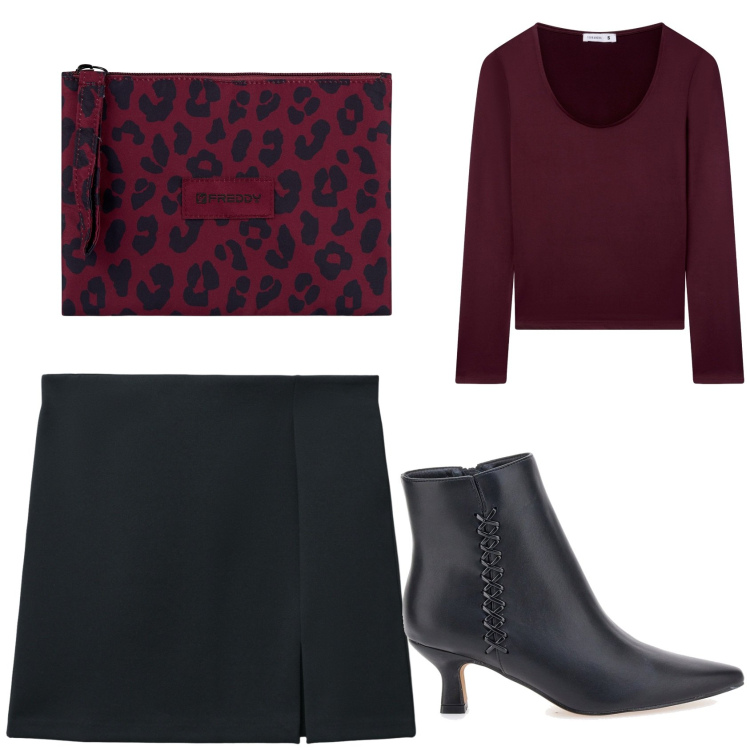 Outfit donna - Pizza a casa di amici. Stile Casual chic per Serata fuori. Abbinamento con minigonne, t-shirt, clutch, stivaletti.