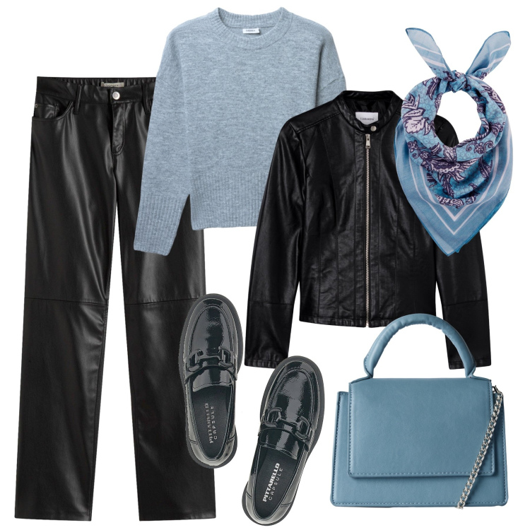 Outfit donna - Basica in similpelle. Stile Basic per Tutti i giorni. Abbinamento con pantaloni, foulard, borse a tracolla, maglieria, giacche, mocassini.