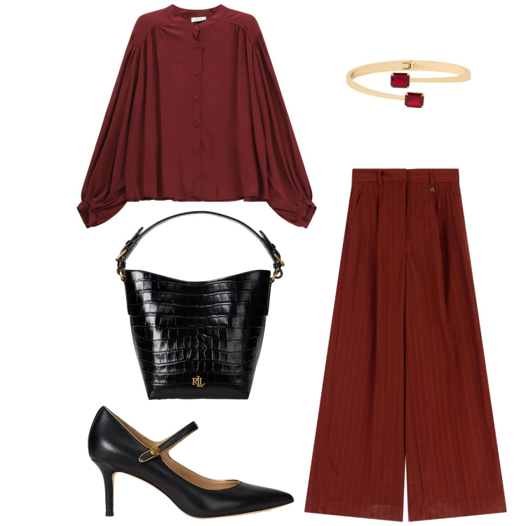 Outfit donna - Total look #2261850. Stile Bon Ton per Serata fuori. Abbinamento con pantaloni a palazzo, camicie, décolleté, braccialetti, borse a secchiello.