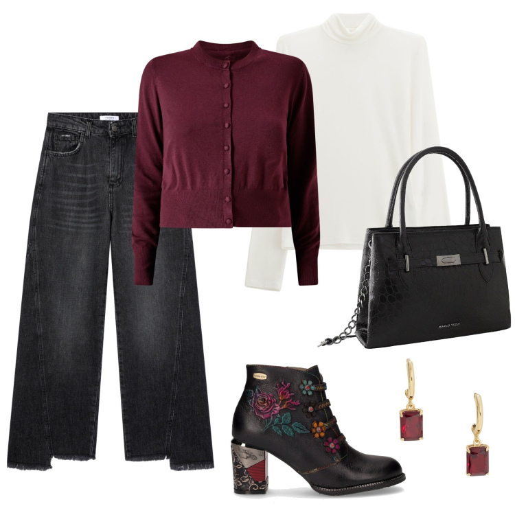 Outfit donna - Scarpe glamour. Stile Glamour per Scuola/Università. Abbinamento con borse a mano, jeans, cardigans, maglieria, orecchini, stivaletti.