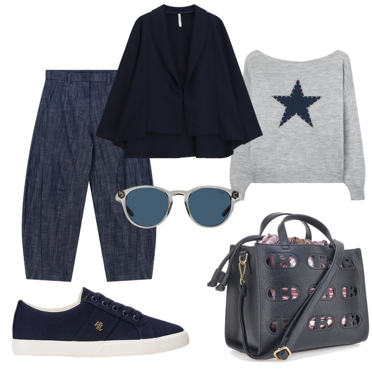 Outfit donna - Sporty. Stile Sporty chic per Tutti i giorni. Abbinamento con maglieria, pantaloni, blazer, sneakers, occhiali da sole, borse a mano.