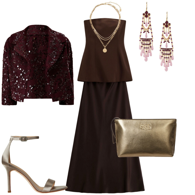 Outfit donna - Total look #2261854. Stile Glamour per Cerimonia. Abbinamento con blazer, vestiti lunghi, ciondoli, sandali col tacco, orecchini, pochette.