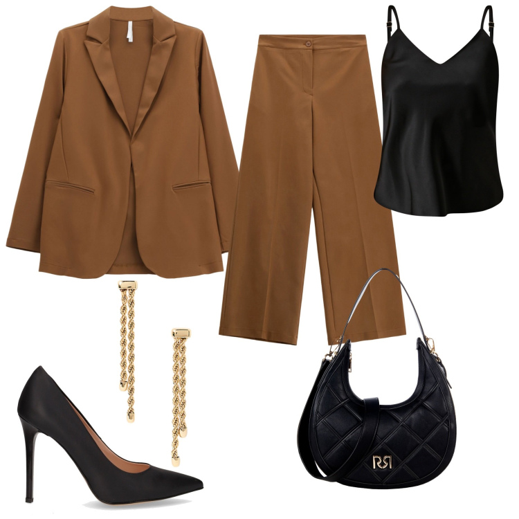 Outfit donna - Total look #2261861. Stile Glamour per Cerimonia. Abbinamento con top, borse a tracolla, blazer, pantaloni a palazzo, orecchini, décolleté.
