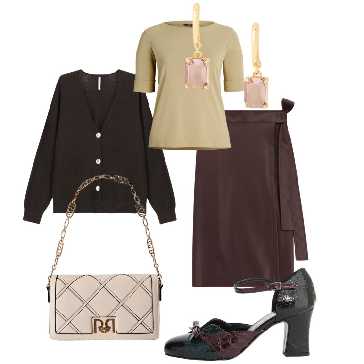 Outfit donna - Total look #2261864. Stile Bon Ton per Ufficio. Abbinamento con borse a tracolla, cardigans, décolleté, gonne longuette, top, orecchini.