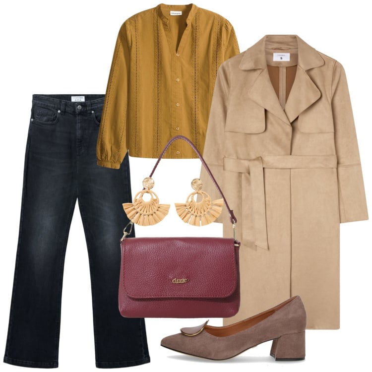 Outfit donna - Trench Season. Stile Casual chic per Tutti i giorni. Abbinamento con orecchini, bluse, jeans bootcut, trench, borse a tracolla, décolleté.