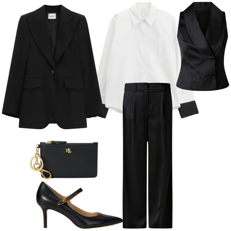 Outfit donna - Total look #2261869. Stile Bon Ton per Serata fuori. Abbinamento con pantaloni, gilet, camicie, blazer, décolleté, portafogli.