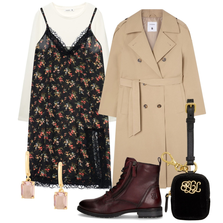 Outfit donna - Trench Season. Stile Urban per Tutti i giorni. Abbinamento con trench, t-shirt, vestiti midi/longuette, pochette, orecchini, anfibi.