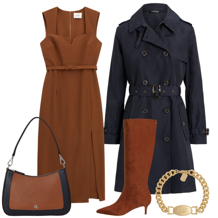 Outfit donna - Trench Season. Stile Bon Ton per Ufficio. Abbinamento con vestiti midi/longuette, braccialetti, stivali, borse a spalla, trench.