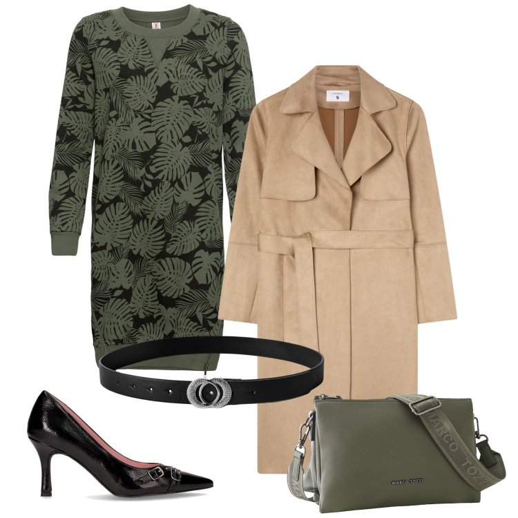 Outfit donna - Trench Season. Stile Chic per Ufficio. Abbinamento con vestiti, borse a tracolla, cinture, trench, décolleté.