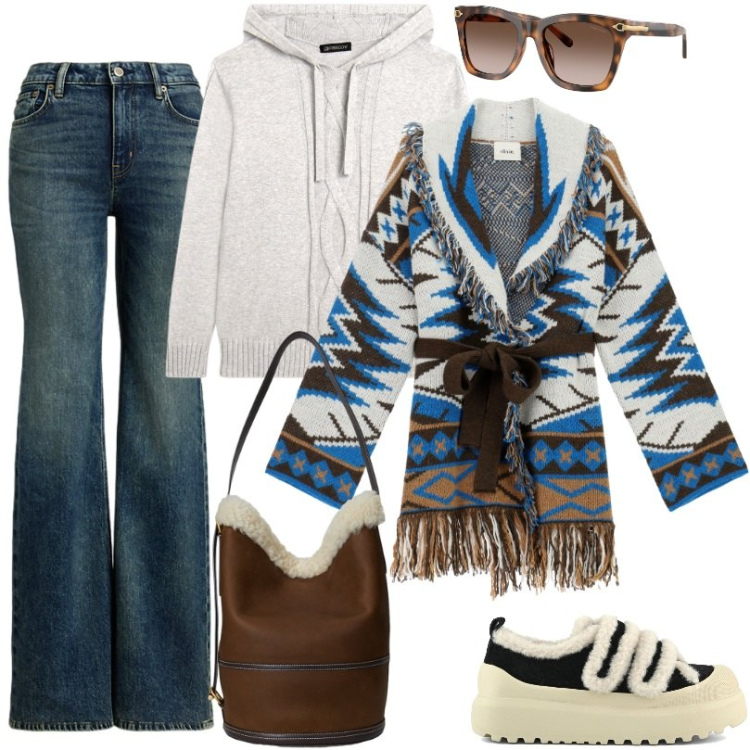 Outfit donna - Jeans svasati a vita alta. Stile Trendy per Tutti i giorni. Abbinamento con maglieria, cardigans, jeans, borse a spalla, occhiali da sole, sneakers.
