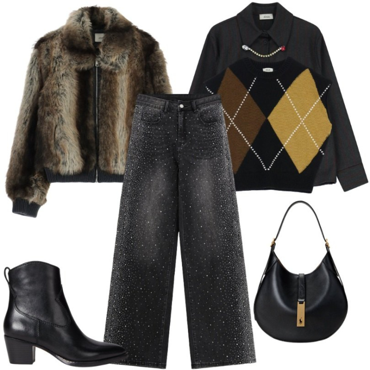 Outfit donna - Jeans con applicazioni luminose. Stile Trendy per Serata fuori. Abbinamento con blazer, jeans, gilet, camicie, borse a spalla, stivaletti.