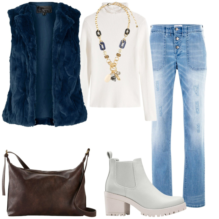Outfit donna - Giornata al parco. Stile Casual per Tutti i giorni. Abbinamento con gilet, jeans boyfriend, stivaletti chelsea, maglieria, borse a tracolla, collane.