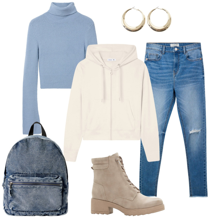 Outfit donna - Il pomeriggio in città. Stile Casual per Tutti i giorni. Abbinamento con stivaletti, jeans strappati, zaini, felpe con cappuccio, maglieria, orecchini.