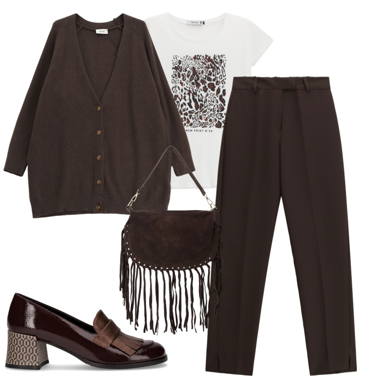 Outfit donna - Ottobre. Stile Urban per Tutti i giorni. Abbinamento con t-shirt, pantaloni, borse a tracolla, cardigans, mocassini.