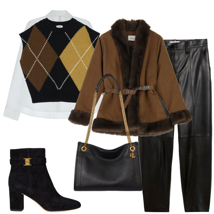 Outfit donna - Geometrie. Stile Urban per Tutti i giorni. Abbinamento con pantaloni, camicie, cinture, gilet, stivaletti, borse tote.
