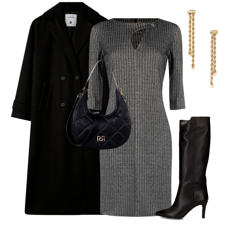 Outfit donna - City. Stile Urban per Tutti i giorni. Abbinamento con cappotti, borse a tracolla, vestiti midi/longuette, orecchini, stivali.