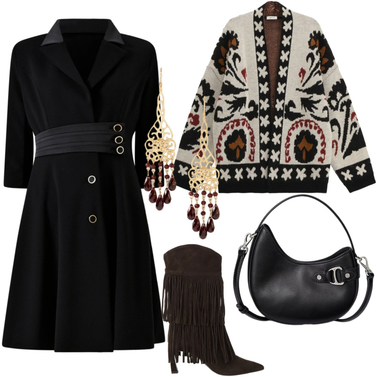 Outfit donna - Cardigan season. Stile Chic per Tutti i giorni. Abbinamento con cardigans, stivali, vestiti midi/longuette, borse a tracolla, orecchini.
