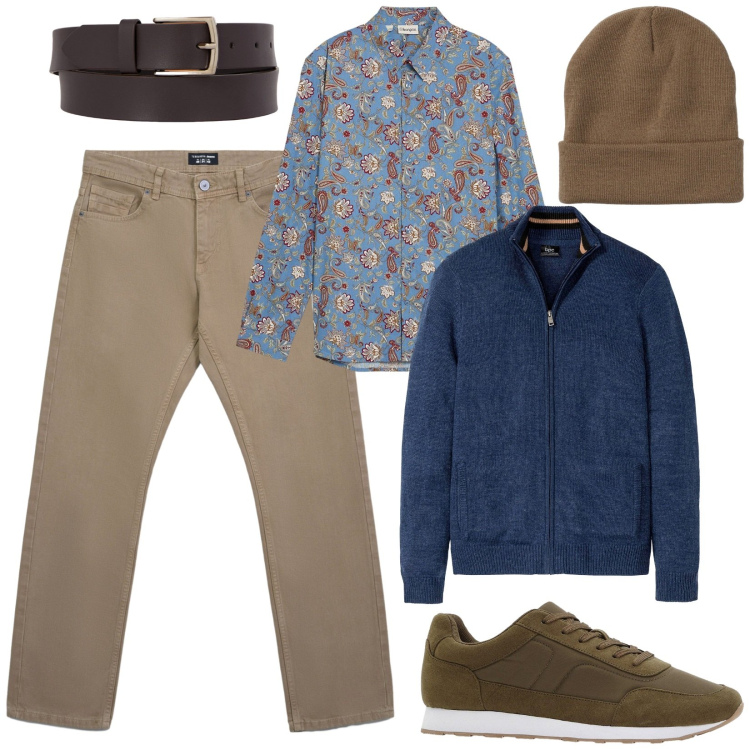 Outfit uomo - Un caldo autunno. Stile Trendy per Tutti i giorni. Abbinamento con cardigans, camicie, sneakers, jeans, berretti, cinture.