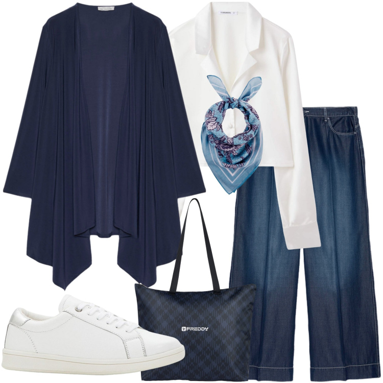 Outfit donna - Casual curvy. Stile Casual chic per Ufficio. Abbinamento con foulard, sneakers, camicie, shopping bag, pantaloni, blazer.