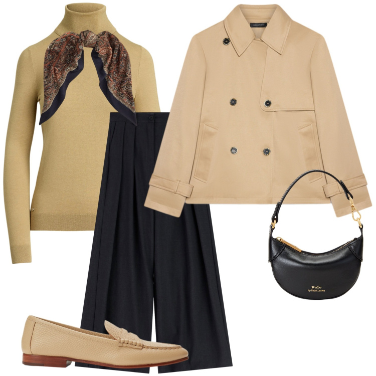 Outfit donna - Urban curvy. Stile Urban per Ufficio. Abbinamento con pantaloni a palazzo, portafogli, mocassini, maglieria, foulard, trench.