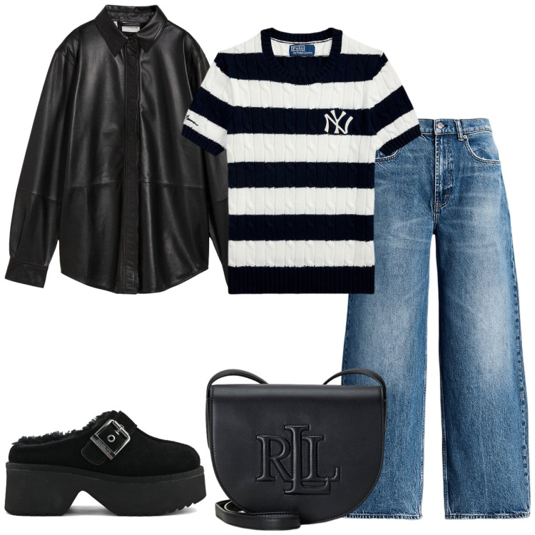 Outfit donna - Righe. Stile Basic per Tutti i giorni. Abbinamento con camicie, maglieria, borse a tracolla, jeans, sabot.