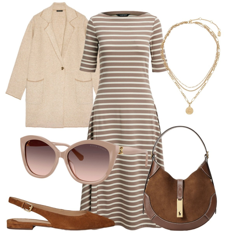 Outfit donna - Manica a trequarti. Stile Basic per Ufficio. Abbinamento con ciondoli, occhiali da sole, borse a spalla, vestiti, ballerine, cardigans.