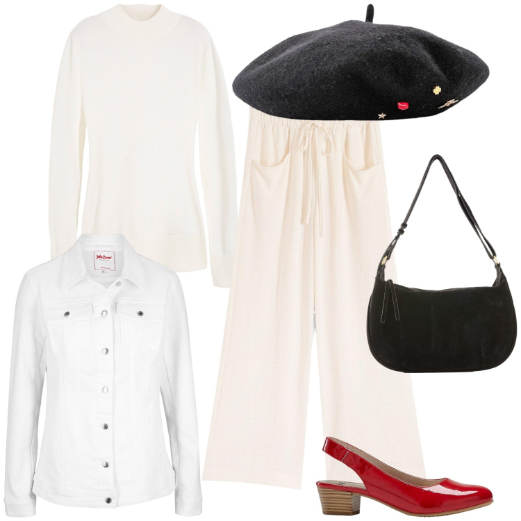 Outfit donna - Un bianco colorato in Bonprix. Stile Trendy per Tutti i giorni. Abbinamento con cappelli e berretti, décolleté, blazer, maglieria, borse a mano, pantaloni.