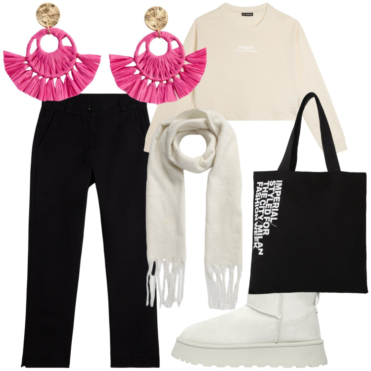 Outfit donna - Orecchini ancora estivi per nostalgia. Stile Casual chic per Tutti i giorni. Abbinamento con orecchini, stivaletti, sciarpe, shopping bag, pantaloni, felpe.