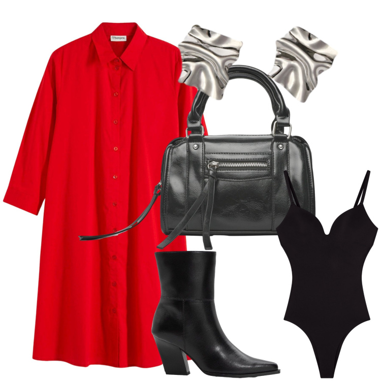 Outfit donna - Red dress. Stile Urban per Ufficio. Abbinamento con vestiti chemisier, stivaletti, borse a mano, body, orecchini.