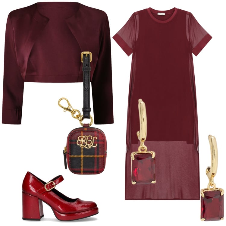 Outfit donna - Cerimonia in bordeaux. Stile Chic per Cerimonia. Abbinamento con bolero, vestiti midi/longuette, pochette, orecchini, décolleté.