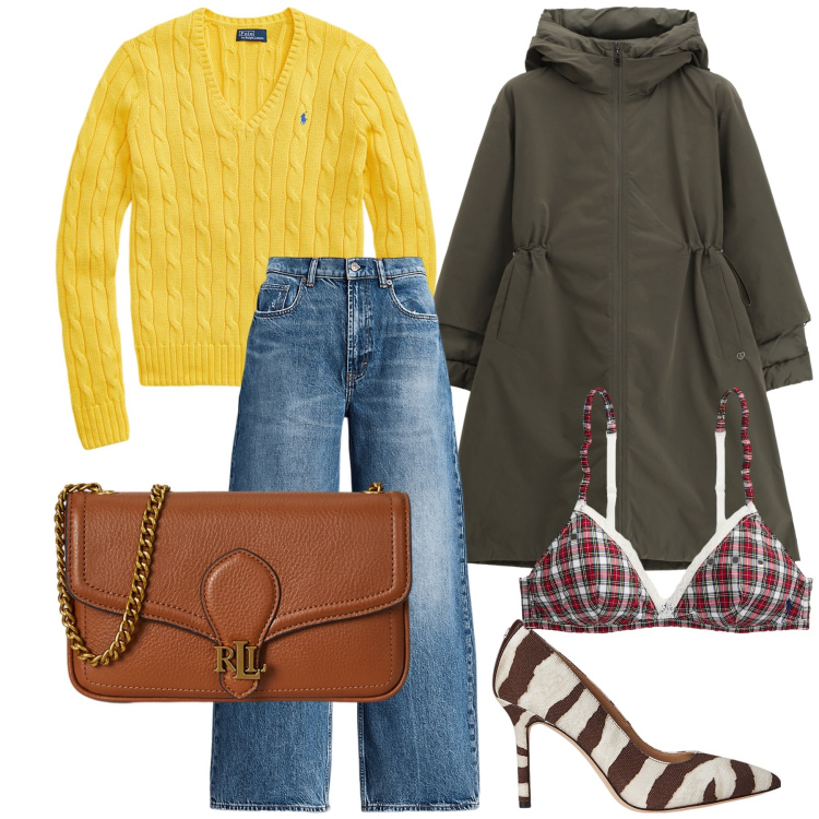 Outfit donna - Mix per freddo mattino. Stile Casual chic per Tutti i giorni. Abbinamento con parka, jeans, décolleté, clutch, maglieria, reggiseni.