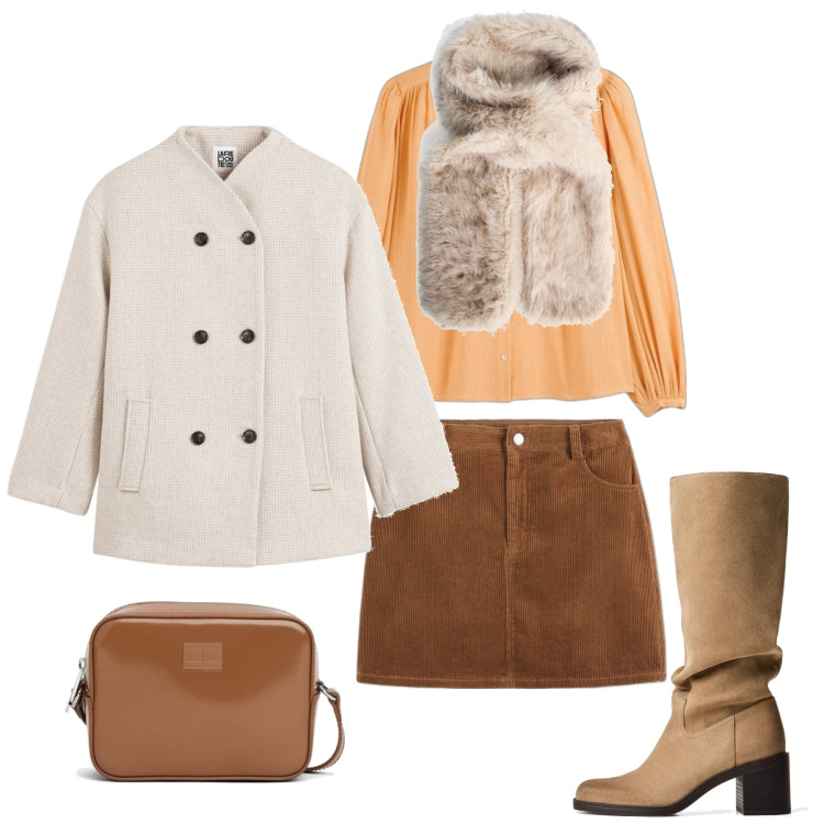 Outfit mujer - Preppy #690. Estilo Preppy para Todos los días. Combinación con abrigos, botas, minifaldas, chales, blusas, bandoleras.